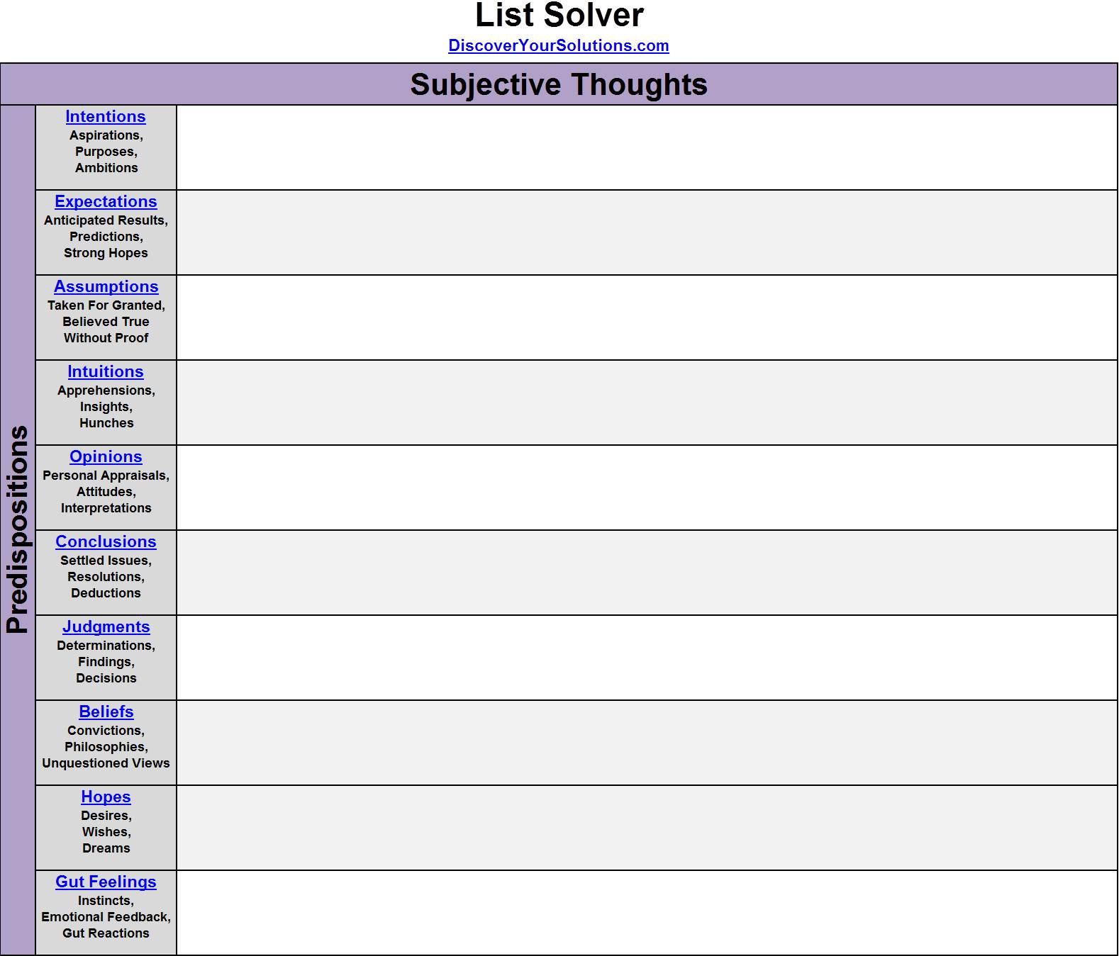 List Solver for Subjective Thoughts (Click to enlarge a PDF version) List Solver
