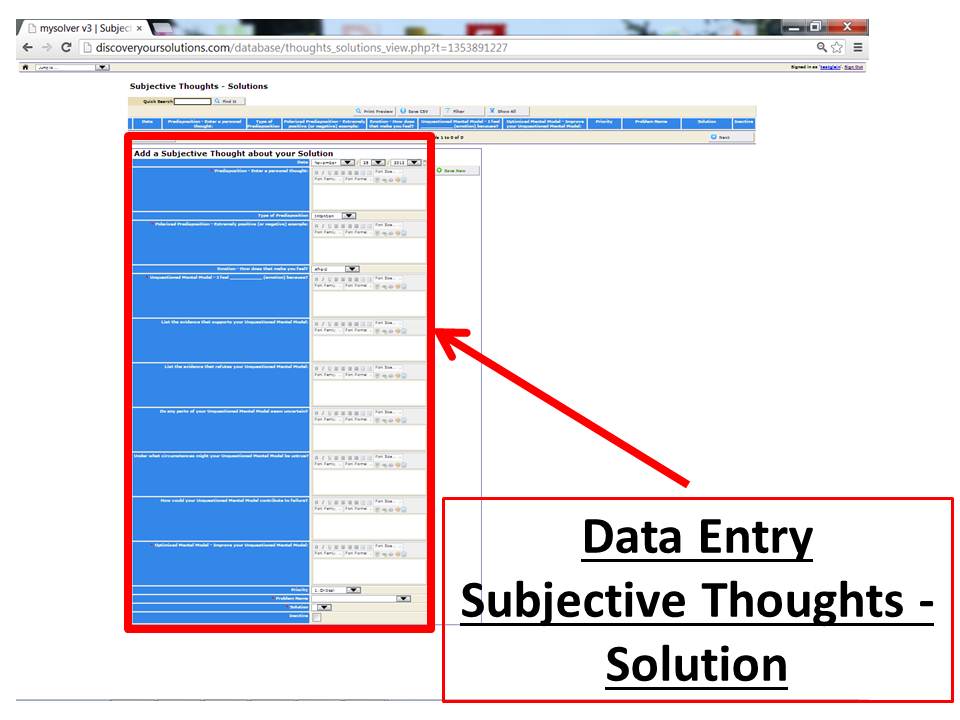 Data Entry Form for Subjective Thoughts about your Solutions in the MySolver™ database (click to enlarge). Data Entry Form for Subjective Thoughts about your Problem in the MySolver™ database