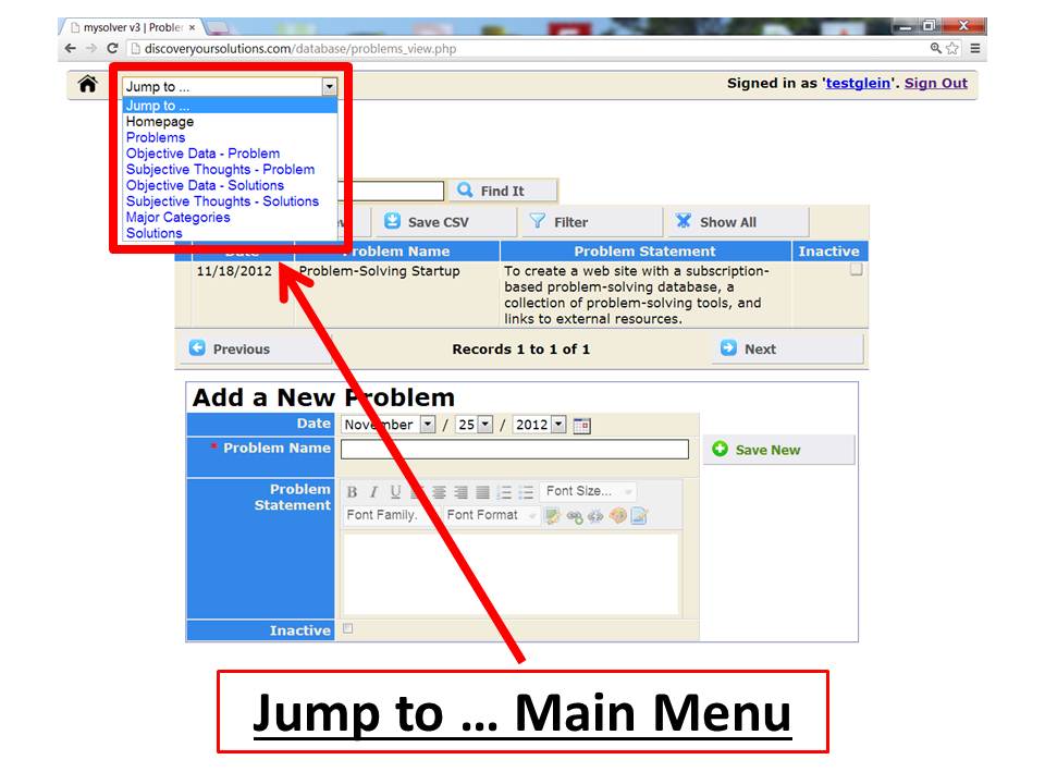 Jump To... Main Menu for the MySolver™ database (click to enlarge). Screenshot of the 'Jump To...' Main Menu for the MySolver™ database.