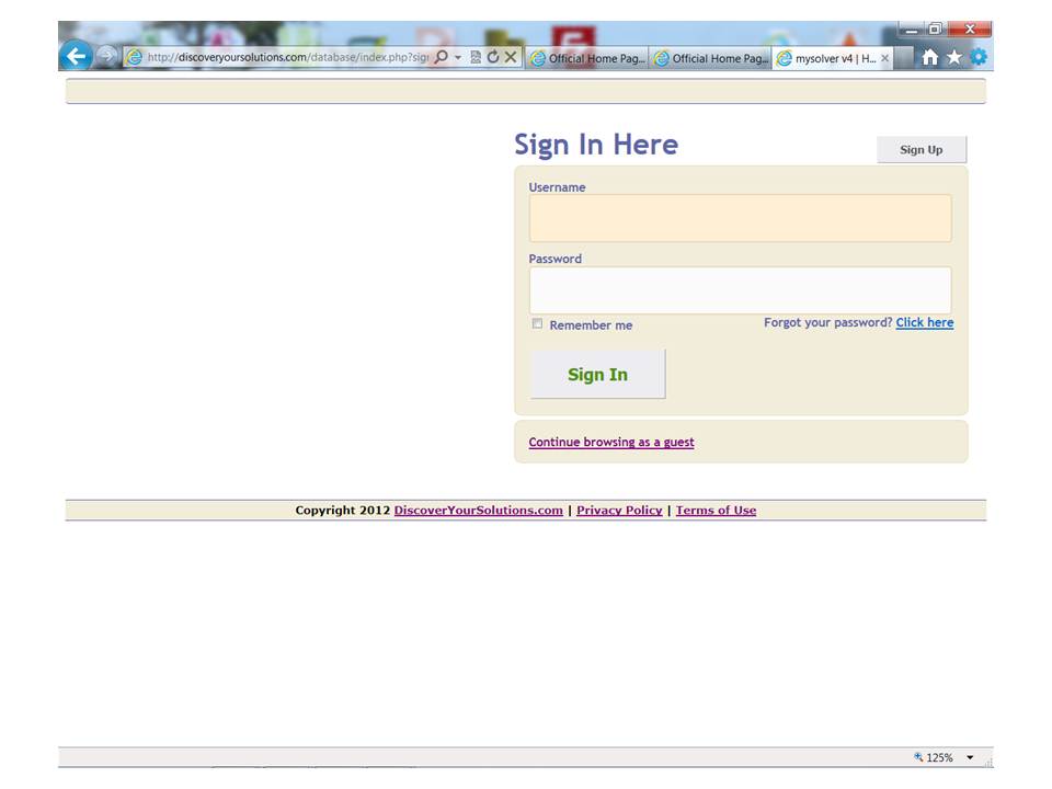 MySolver™ Login screen (click to enlarge). MySolver™ Login screen
