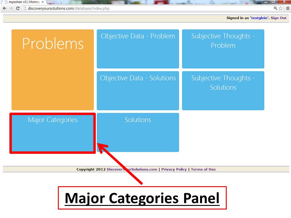 Main Menu for the MySolver™ database with the Major Categories panel outlined in red (click to enlarge). Screenshot of the Main Menu for the MySolver™ database with the Major Categories panel outlined.