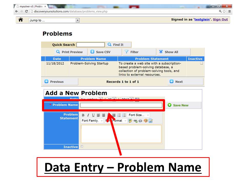 Add your new Problem Name to the MySolver™ database (click to enlarge). Screenshot of the MySolver™ data entry form for 'Add a New Problem'.
