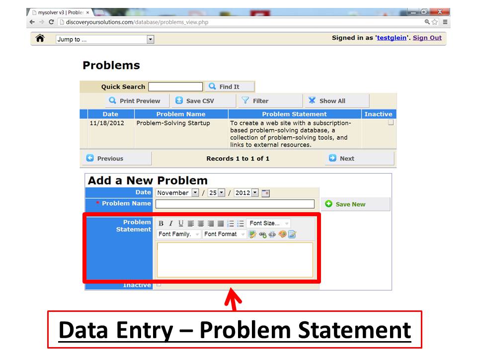Add your problem statement to the MySolver™ database (click to enlarge). Screenshot of the MySolver™ data entry form for your problem statement.