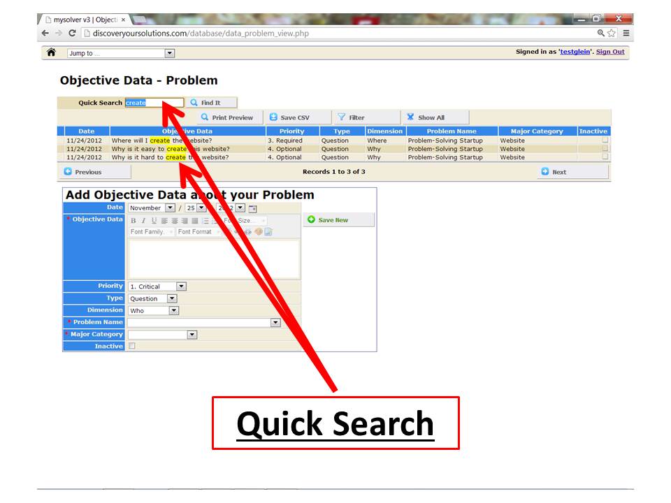 Quick Search for the MySolver™ database (click to enlarge). Quick Search for the MySolver™ database