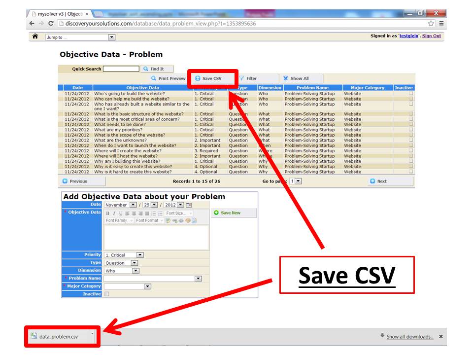 Use 'Save CSV' to download your data (click to enlarge). Download data from the MySolver™ database