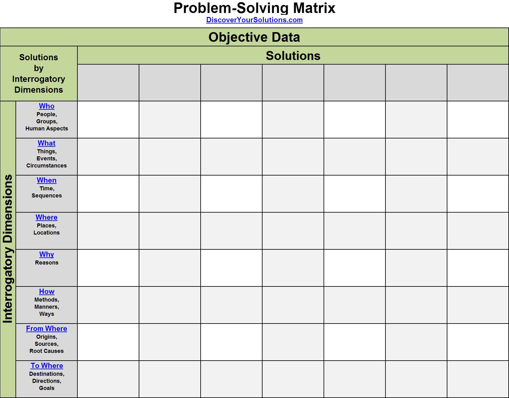 Problem-Solving Matrix for Objective Data about your Solution (Click to enlarge a PDF version) Problem-Solving Matrix for Objective Data