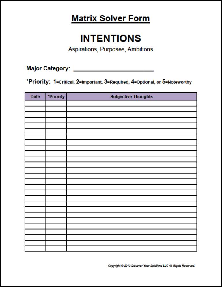 Matrix Solver Form for Subjective Thoughts (Click to enlarge a PDF version) Matrix Solver Form for Subjective Thoughts