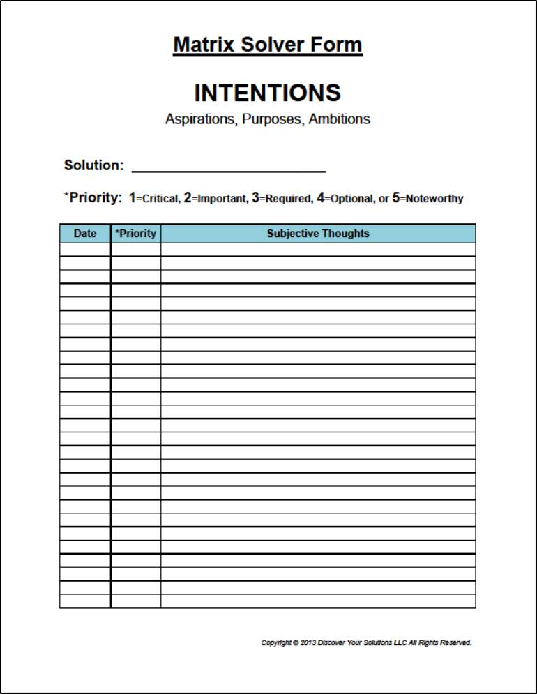 Matrix Solver Form for Subjective Thoughts (Click to enlarge a PDF version) Matrix Solver Form for Subjective Thoughts